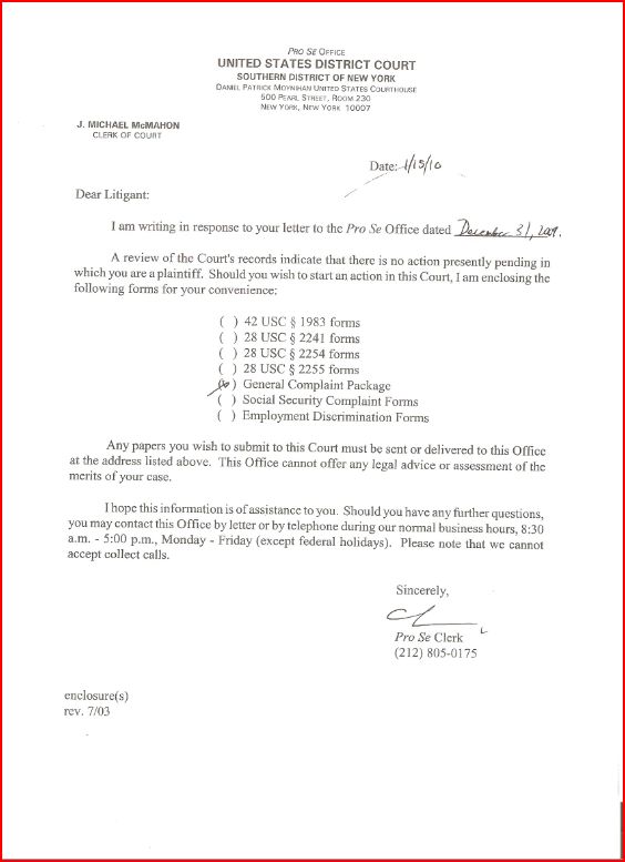 Reply from Pro Se Clerk